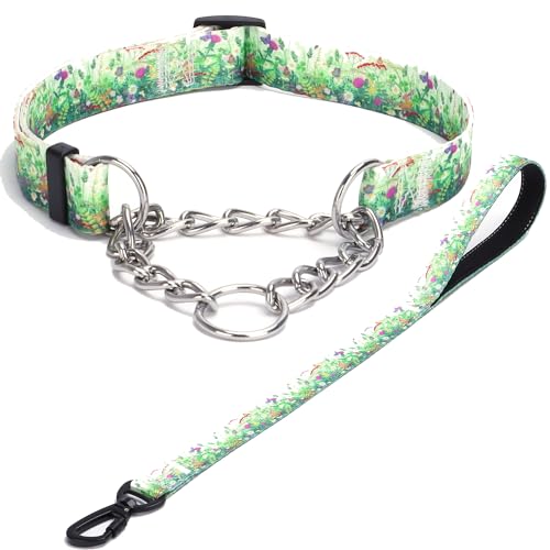 Haoyueer Martingale Hundehalsband und Leine, Edelstahlkette, kein Ziehen, Trainingshalsband mit Blumen-Design, für kleine, mittelgroße und große Hunde (NO34, S) von haoyueer