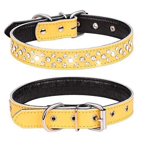 Haoyueer Strasssteine Hundehalsband, Verstellbar Glitzernde Kristall Nieten Echtes Leder Haustier Hundehalsband für kleine und mittelgroße Hunde (L, Gelb) von haoyueer