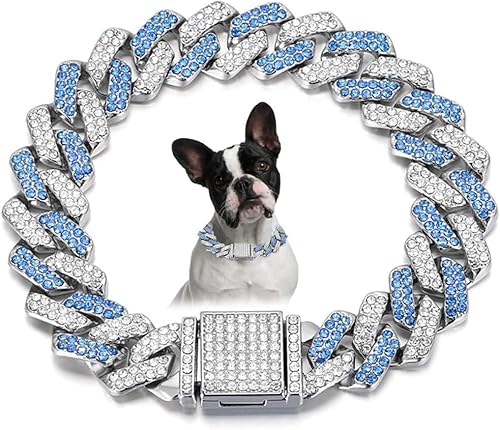 Hundehalsband, glitzernde Diamanten, kubanische Glieder-Welpenhalsband, Glitzer-Strass-Katzenhalsband für kleine, mittelgroße und große Haustiere, Blau, 20,3 cm von haoyueer