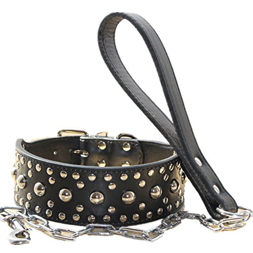 haoyueer Hundehalsband, Leder, Nieten, Kombi-Set, Haustierzubehör für mittelgroße und große Pitbull, Husky, Mastiff-Terrier, 5,1 cm breit, Größe L, Schwarz von haoyueer
