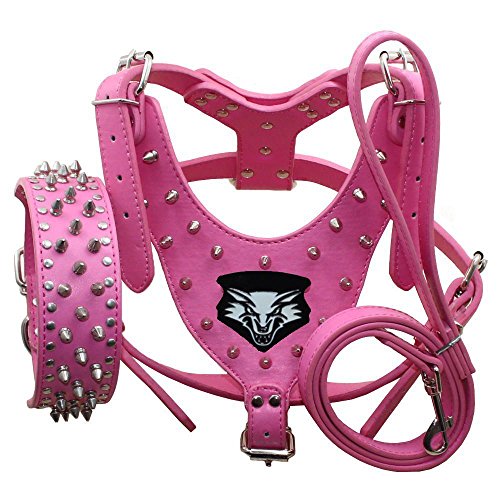 haoyueer Hundegeschirr, Halsband und Leine, Leder, mit Nieten, für Pit Bull, Mastiff, Boxer, Bullterrier, Größe L, Hot Pink haoyueer Hundegeschirr, Halsband und Leine, Leder, mit Nieten, für Pit Bull, Mastiff, Boxer, Bullterrier, Größe L, Hot Pink von haoyueer