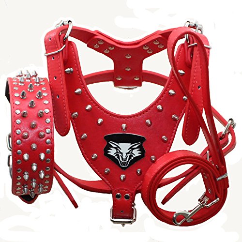 haoyueer Hundegeschirr aus Leder, Halsband und Leine, mit Nieten, 3-teiliges Set für Pitbull, Mastiff, Boxer, Bullterrier, Größe XL, Rot haoyueer Hundegeschirr aus Leder, Halsband und Leine, mit Nieten, 3-teiliges Set für Pitbull, Mastiff, Boxer, Bullterrier, Größe XL, Rot von haoyueer