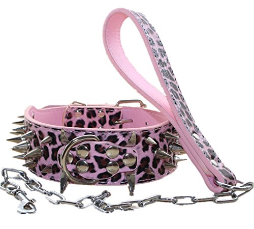 haoyueer Hundehalsband, 5,1 cm breit, Leder, spitz, Nieten, Pit Bull Terrier (M, Pink Leopard) von haoyueer
