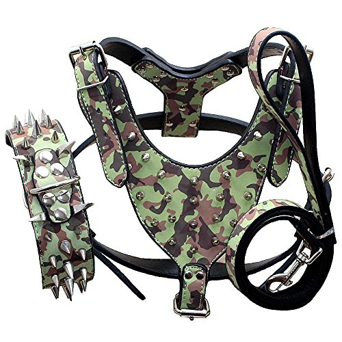 haoyueer Hundehalsband, Geschirre und Leinen aus Leder, scharfe Nieten, passendes Set für mittelgroße und große Hunde Pitbull, Mastiff, Boxer, Bullterrier, 3-teiliges Set (XL, Tarnmuster) von haoyueer
