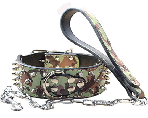 haoyueer Hundehalsband-Set aus Leder, mit Nieten, 5,1 cm breit, mit Kette, für Pitbull, Bulldogge, Dobermann (Tarnmuster, L) von haoyueer