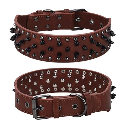 haoyueer Hundehalsband aus Leder mit Nieten, 5,1 cm breit, passend für mittelgroße und große Hunde wie Pitbull, Mastiff, Labrador, Boxer, Rottweiler, Deutscher Schäferhund (Braun, L: 50–62 cm) von haoyueer