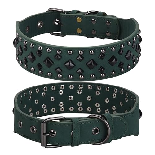 haoyueer Hundehalsband aus Leder mit Nieten, 5,1 cm breit, passend für mittelgroße und große Hunde wie Pitbull, Mastiff, Labrador, Boxer, Rottweiler, Deutscher Schäferhund (Grün 1, L: 50–62 cm) von haoyueer