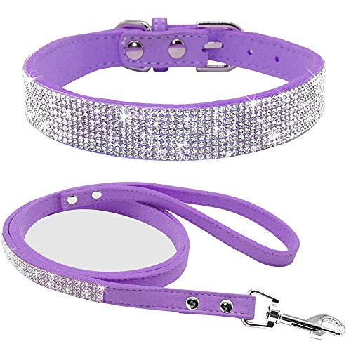 haoyueer Hundehalsband aus weichem Wildleder, schillernd, funkelnd, elegant, ausgefallen, mit Strasssteinen besetzt, für Haustiere, Welpen, Katzen, Hunde, Kombi-Set mit Leine (L, Lila) von haoyueer