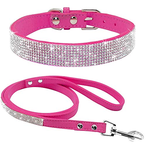 haoyueer Hundehalsband aus weichem Wildleder, schillernd, funkelnd, elegant, ausgefallen, mit Strasssteinen besetzt, für Haustiere, Welpen, Katzen, Hunde, Kombi-Set mit Leine (XXS, Hot Pink, Rosa) von haoyueer