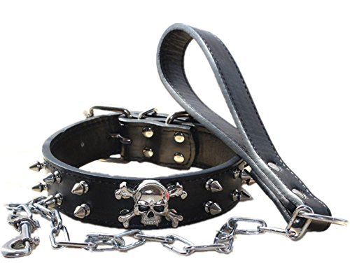 haoyueer Hundehalsband mit Nieten, 3 cm breit, Leder-Kette, Kombi-Set für mittelgroße und große Pitbull Husky Mastiff Terrier (L, schwarz) von haoyueer