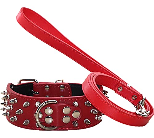 haoyueer Hundehalsband mit Nieten, mit Hundeleine, 5,1 cm breit, Leder, strapazierfähig, passend für Pitbull, Bulldogge, Dobermann, Größe XL 53,3–61 cm, Rot von haoyueer