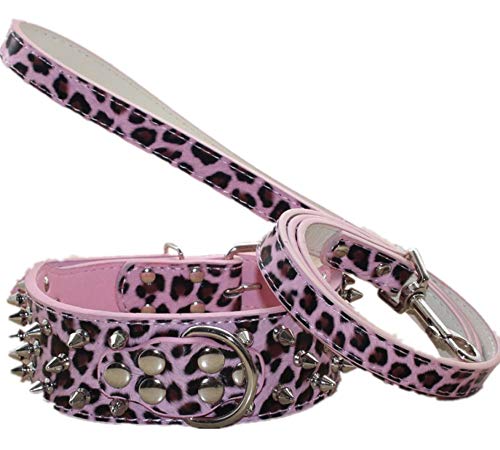 haoyueer Hundehalsband mit Nieten, mit Hundeleine, 5,1 cm breit, Leder, strapazierfähig, passend für Pitbull, Bulldogge, Dobermann, M 43,2–50,8 cm, Pink Leopardenmuster von haoyueer