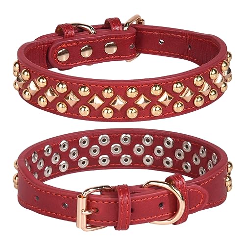 haoyueer Hundehalsband mit Stacheln, weiches PU-Leder, Pilze, Nieten, verstellbare Welpenhalsbänder (M, Rot) von haoyueer