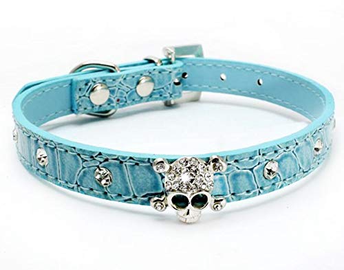 haoyueer Halsband für Hunde und Katzen, Leder, mit Strasssteinen, Größe M, Blau von haoyueer