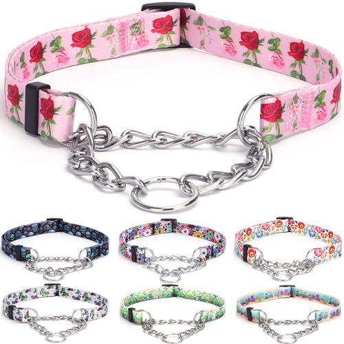 haoyueer Martingale Hundehalsband - Edelstahlkette, No Pull Trainingshalsband mit Blumen Design für Große Mittlere Kleine Hunde (M, Rosen) von haoyueer