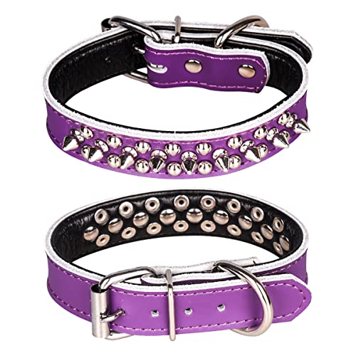 haoyueer Spiked Hundehalsband, Echtleder Hundehalsband, Verstellbare Haustierhalsbänder für Mittelgroße Bulldogge Pitbull Mastiff Pudel Boxer (S, Purple-2) von haoyueer