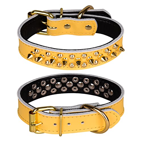 haoyueer Spiked Nieten-Hundehalsband, Echtleder-Hundehalsband, Verstellbare Haustierhalsbänder für Mittelgroße Bulldogge Pitbull Mastiff Pudel Boxer (S, Gelb) von haoyueer