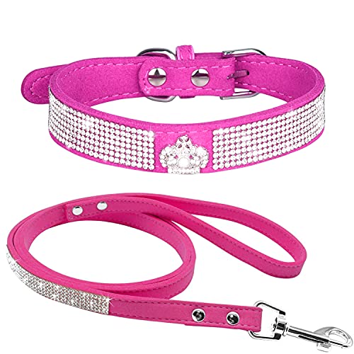 haoyueer Strass-Hundehalsband, niedlich, schillernd, funkelnd, weiches Wildleder, für Hunde, Katzen, Strasshalsband mit Leine, Kristalldiamant, Haustierhalsband für Hunde, Welpen, Größe XS, Hot Pink - von haoyueer