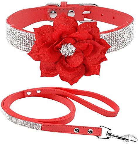 haoyueer Strass-Hundehalsband, niedlich, schillernd, funkelnd, weiches Wildleder, für Hunde und Katzen, Strass, Halsband mit Leine, Kristall, Diamant, Haustier, Welpen, Halsband (S, Rot 6) von haoyueer