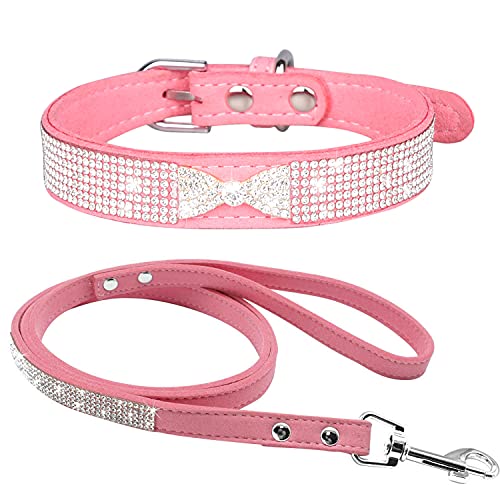 haoyueer Strass-Hundehalsband, niedlich, schillernd, funkelnd, weiches Wildleder, für Hunde und Katzen, Strass-Halsband, Leine, Kristall, Diamant, Haustier, Welpen, Halsband (XS, Pink-3) von haoyueer