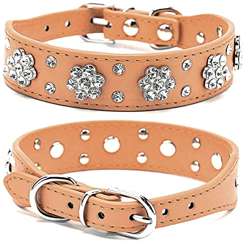 haoyueer Strass Hundehalsband, niedliche Blume Strass Katze Hundehalsband Bling Halsband PU Leder Halsband Verstellbare Größen Small Medium Large (S, Braun) von haoyueer