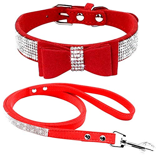 haoyueer Hundehalsband aus weichem Wildleder, schillernd, funkelnd, elegant, ausgefallen, mit Strasssteinen besetzt, für Haustiere, Welpen, Katzen, Hunde, Kombi-Set mit Leine (M, Rot 1) von haoyueer