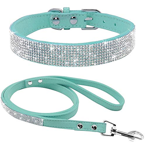 haoyueer Hundehalsband aus weichem Wildleder, glitzernd, glitzernd, elegant, glitzernd, mit Strasssteinen besetzt, Set mit Hundeleine (S, blau) von haoyueer