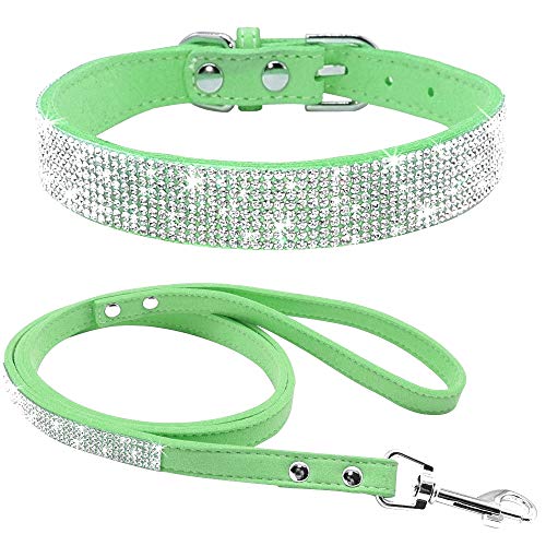haoyueer Hundehalsband aus weichem Wildleder, schillernd, funkelnd, elegant, ausgefallen, mit Strasssteinen besetzt, für Haustiere, Welpen, Katzen, Hunde, Kombi-Set mit Leine (L, Grün) von haoyueer