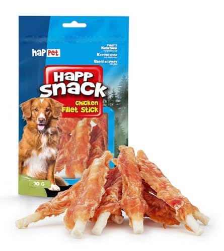 Hähnchenfilet auf Hundestäbchen - Natürliche Leckereien für Hunde - Getrocknetes Hähnchenbrustfleisch - Hundesnaß - Fettarm. Happet (70g, Hähnchenfilet am Stäbchen) von happet