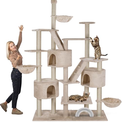 HAPPYPET Kratzbaum deckenhoch bis 260 cm Kletterbaum Simba - Extra breit, Häuser, Treppen, Liegemulden, großer XXL Katzenbaum Stabil für Katzen, mit 9 cm Säulen, viel Zubehör, Beige von Happypet