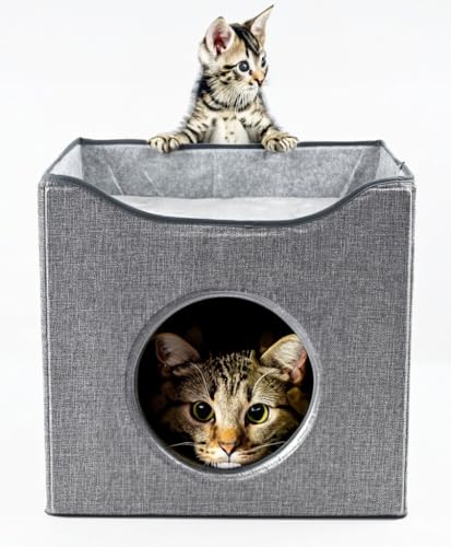 Stilvolles Katzenhaus Grau - 40x38x40 cm, inkl. 2 Matratzen und Liegefläche auf dem Dach - Katzenbettchen, Katzenzubehör, Katzenspielzeug von hausleben