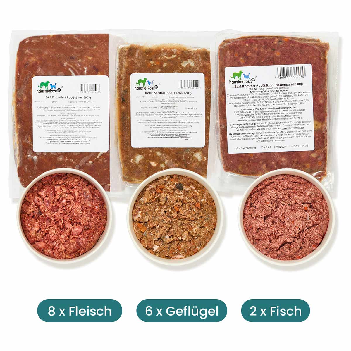 Haustierkost Fertigbarf Probierpaket für Hunde 16x500 g von haustierkost