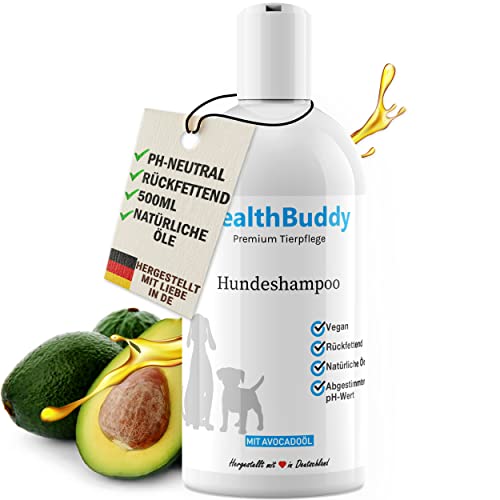 healthBuddy Premium Hundeshampoo [500ml] mit natürlichem Avocadoöl – Made in Germany – Entfernt unangenehme Gerüche, Für empfindliche Haut und Fell, Wirkt Rückfettend, Hilft gegen Juckreiz und Flöhe von healthBuddy