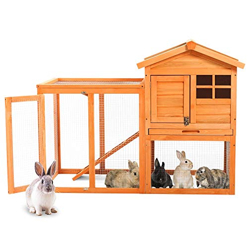 hengweiuk Kaninchenstall aus Holz, wasserdicht, Hühnerkäfig, Kaninchenkäfig, verschließbare Türen für Kleintiere mit Linoleumdach 2-stöckig von hengweiuk