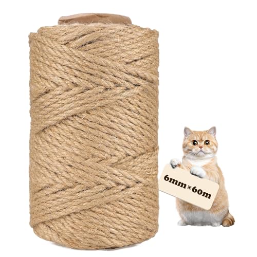 heuchaey Sisal Kratzbaum Schnur, 6MM x 60M, Sisalseil für Kratzbaum, Natur Sisal Seil für Katzen, Sisalseil für DIY, Dekoration, Katzenseilzubehör, Katzenspielzeug, Seil für Katzen von heuchaey