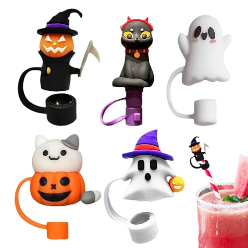 Halloween-Strohaufsätze für Trinkgläser,Halloween-Strohabdeckungen - 5 Stück Cartoon-Strohaufsätze,Auslaufsichere Trinkhalm-Spitzen-Abdeckung, 10-mm-Becherverschluss-Set, Becherzubehör, von higyee