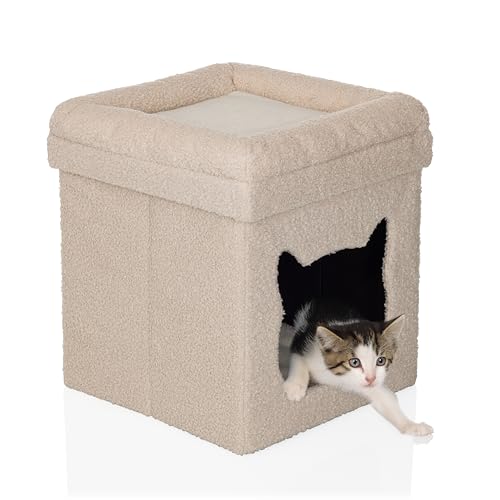 hjh LIVING Katzenhöhle mit Kissen PAWY ES Faltbares Katzenbett in Bouclé-Stoff mit abnehmbarem Deckel, Höhle für Katzen, 40x40x44 cm, Beige hjh LIVING Katzenhöhle mit Kissen PAWY ES Faltbares Katzenbett in Bouclé-Stoff mit abnehmbarem Deckel, Höhle für Katzen, 40x40x44 cm, Beige von hjh LIVING