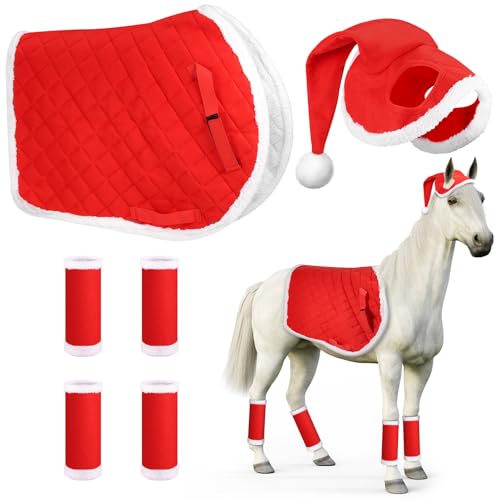 homdat 6 Stück Weihnachts-Schabracken, Weihnachtsmann-Beinwickel mit Kunstfellbesatz, Santa Red Horse Hut, Pferde-Kostüm, Weihnachtspferde Dekor, Zubehör für Pferdekostüme von homdat