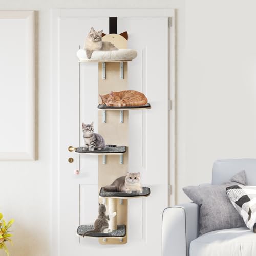 5 Ebenen Türhängender Katzenkletterer, Türmontierter vertikaler Katzenbaumturm mit vollem Teppichboden, Planke & Katzenkratzbaum für kleine mittelgroße große Katzen (5 Ebenen, Katzenkopf-Stil) von homegroove