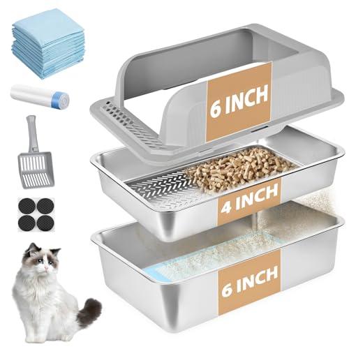 Edelstahl-Wurfkiste, XXL-Sieb-Wurfkiste für Kiefernpellets, Hochseiten-Metall-Wurfkastensystem für Großkatzen mit Kunststoffschaufel &10 Urinpads (6 Inch) von homegroove