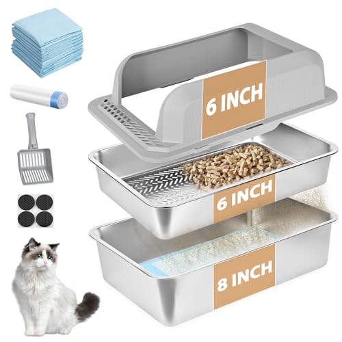 Edelstahl-Wurfkiste, XXL-Sieb-Wurfkiste für Kiefernpellets, Hochseiten-Metall-Wurfkastensystem für Großkatzen mit Kunststoffschaufel &10 Urinpads (8 Inch) von homegroove
