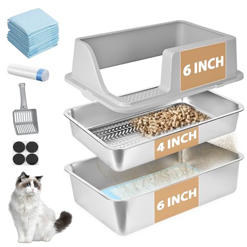 Homegroove Edelstahl-Katzenstreukasten für Kiefernpellets, 60 x 40 x 20 cm, hoher Rand, Metall-Katzenstreukasten mit Deckel für Wohnungskatzen, mit Kunststoffschaufel und 10 Urinpads (6 Inch) von homegroove