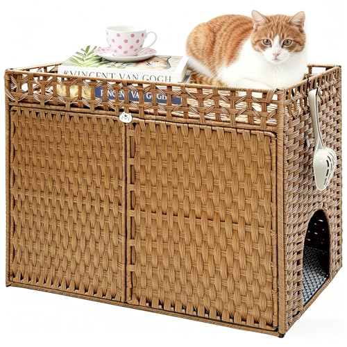 Homegroove Katzentoilette Umzäunung Möbel, Extra große versteckte Katzentoilette mit weicher Matte und Zaun, bequemes handgewebtes Rattan-Katzenhaus mit S-förmigen Haken für Wohnzimmer, Schlafzimmer von homegroove