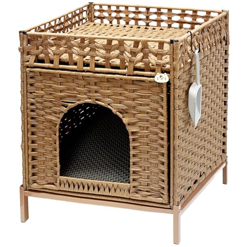 Homegroove Katzentoilette Umzäunung Möbel, Versteckte Katzentoilette mit weicher Matte und Zaun, bequemes handgewebtes Rattan-Katzenhaus mit S-förmigen Haken für Wohnzimmer, Schlafzimmer (Walnuss) von homegroove