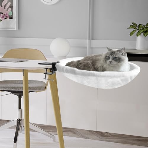 homegroove Katze Schreibtisch Bett, Katze Betten für Indoor Katzen mit 360 ° Drehung & Höhenverstellbar, Haustierbett mit weichem Kissen, 40 Pfund robuster Stahlrahmen, Keine Bohreinstallation (Weiß) von homegroove
