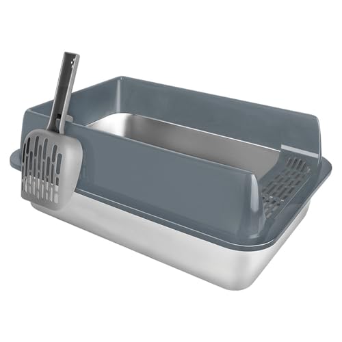 Homewell XXL Offene Katzentoilette Edelstahl, Große Katzenklo für Große Katzen und Kätzchen, mit Schaufel, Leichte Reinigung, Spritzschutz, Offenes Design, 60 * 40 * 30 cm (Grau) von homewell
