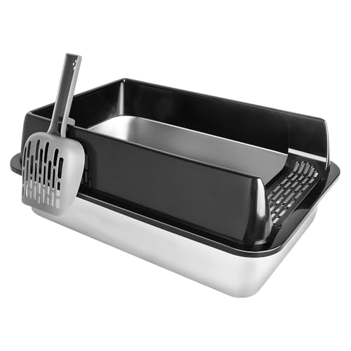Homewell XXL Offene Katzentoilette Edelstahl, Große Katzenklo für Große Katzen und Kätzchen, mit Schaufel, Leichte Reinigung, Spritzschutz, Offenes Design, Schwarz/Grau (Schwarz, L 60 * 40 * 30 cm) von homewell