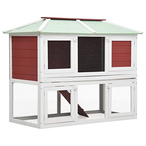 HOMIUSE Kleintier/Kaninchenstall 2 Etagen Rot Holz Hasenstall Meerschweinchen Haus Hasen ZubehöR Meerschweinchen KäFig Hasenstall DraußEn Winterfest HamsterkäFig Holz Rot und Weiß130x68x105 cm von homiuse