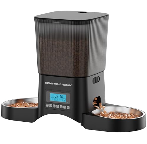 HONEYGUARDIAN Automatischer Katzenfutterspender für 2 Katzen, Automatischer Katzenfutterspender, Zeitgesteuerter Haustier-Futterspender für Katzen und Hunde, Doppelter Haustier-Futterspender mit von honeyguaridan