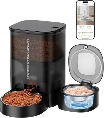 HoneyGuaridan 2-in-1 Smart Futterautomat Katze für Trocken & Nassfutter, WLAN 2.4G Automatischer Katzenfutterautomat mit Trockenmittelbeutel, Nassfutterautomat mit Kühlfunktion - 3 Eispacks von honeyguaridan